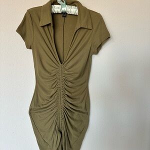 Olive Green Ruched Collared Dress